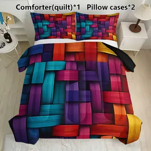 Colorful 3D Weave Bedding Set, Includes 1 Comforter & 2 Pillowcases, Modern Abstract Decor, Synthetic Fiber Material