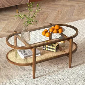 Giantex Rattan Coffee Table, 2-Tier Oval Wood Tea Table with Tempered Glass Tabletop & PE Rattan Storage Shelf, 40" Boho Cocktail Tables, Mid Century Modern Center Table for Living Room Office