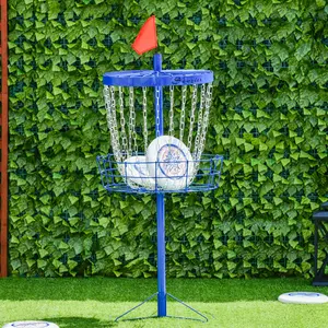 Dark blue portable disc golf basket target 24 chain design high visibility flag foldable with travel bag for backyard practice outdoor tournament use