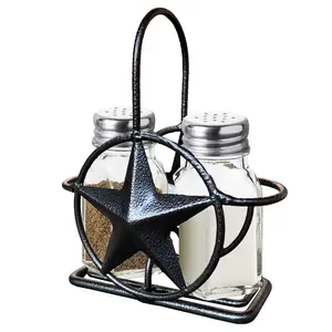 Black Rustic Texas Star Salt and Pepper Holder - Country Farmhouse Iron Metal Primitive Kitchen Countertop Holders, Western Style Caddy for Shakers, Table Counter Decor (Salt & Pepper Shaker Holder)