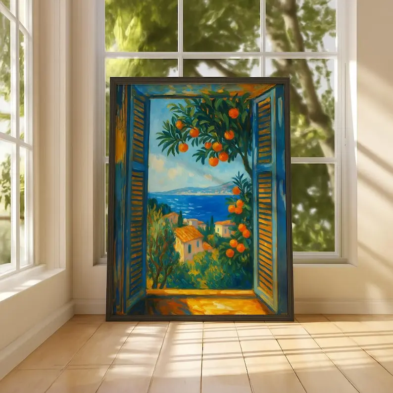 Henri Matisse The Open Window Fauvism Unframed Graphic Print Wall Art Poster-Painting, Multi-Size (11x17,12x18,18x24,24x24,27x40) Bordered Paper Print, Mediterranean Coastal View, Orange Tree Home Decor, Shipping Tube Included, 30X30
