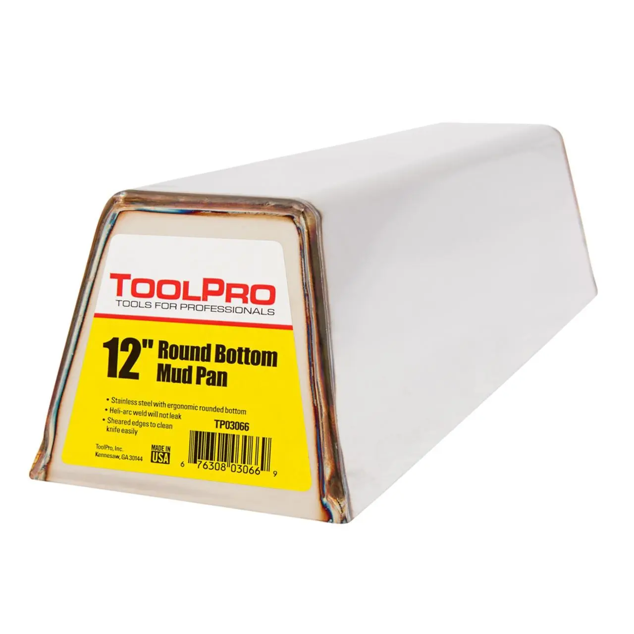 TOOLPRO 12 in. Traditional Stainless Steel Heavy Duty Drywall Mud Pan for Adults - Round Bottom, Sheared Edges, Heli-Arc Leakproof Weld, Rubber Grip, Non-Retractable Design, Easy Maintenance, Smooth Tapered Ends, Inches