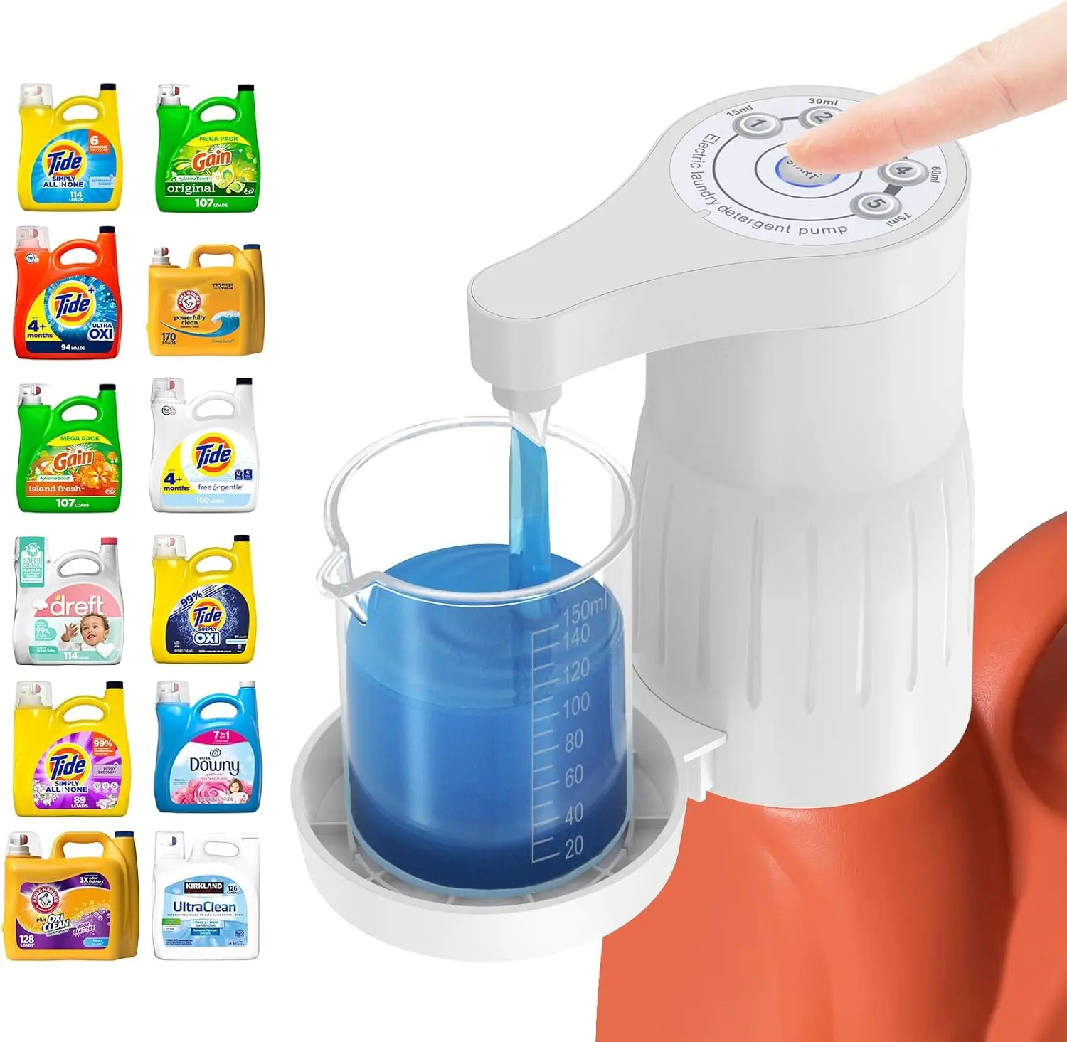 Electric Laundry Detergent Pump White Reusable Laundry Detergent Dispenser with Graduated Cup for Liquid Detergent, USB Rechargeable, Ideal for Laundry Room Organization 1pcs