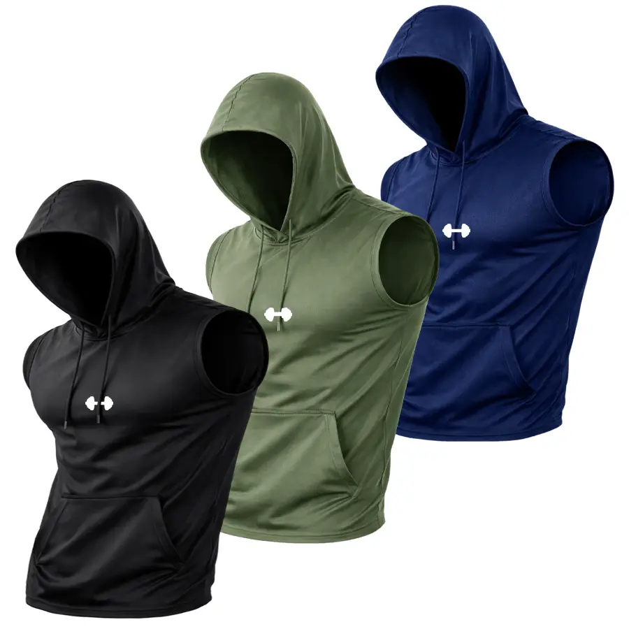3-Pack Men’s Quick-Dry Cooling Hooded Sleeveless Tops — Fabric is water-washable, wrinkle-resistant, and resists deformation; basic, versatile fit suitable for various occasions—streetwear, outdoor morning runs, and casual layering at home. summerwins, fa