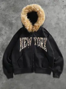 TikTok Viral "New York" Leopard Print Zip-Up Hoodie with Faux Fur Trim – Edgy Streetwear Essential for Y2K & Urban Aesthetic, Perfect for Bold Casual Outfits with City-Inspired Animal Print Typography, Warm Design, and Oversized Fit Flair