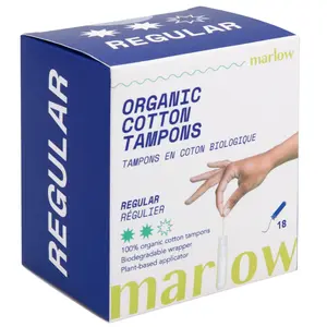 Marlow 100% Organic Cotton Tampons GOTS Certified Hypoallergenic Dermatologist Tested Toxin Free Fragrance Free Chemical Free Bleach Free 18 Count