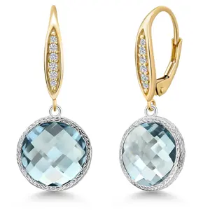 Gem Stone King 925 Silver and 10K Yellow Gold Sky Blue Simulated Aquamarine and Lab Grown Diamond Dangle Earrings for Women | 13.52 Cttw | Gemstone March Birthstone | Round 12MM