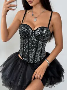 Sparkling Backless Shoulder Strap Sleeveless Halter Top, Party Club Stage Bra Corset, Sexy Chic Slim-Fitting Plain Design, All Seasons Womenswear