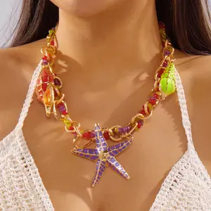 Fashion Enamel Drip Oil Starfish Conch Large Collar Choker Necklace For Women Boho Ethnic Exaggerated Necklaces Beach Jewelry