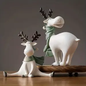 Creative Christmas Reindeer Sculpture Decor, Home Office Deer Statue, Artificial Animal Craft, Festive Holiday Decoration, Resin Ornament