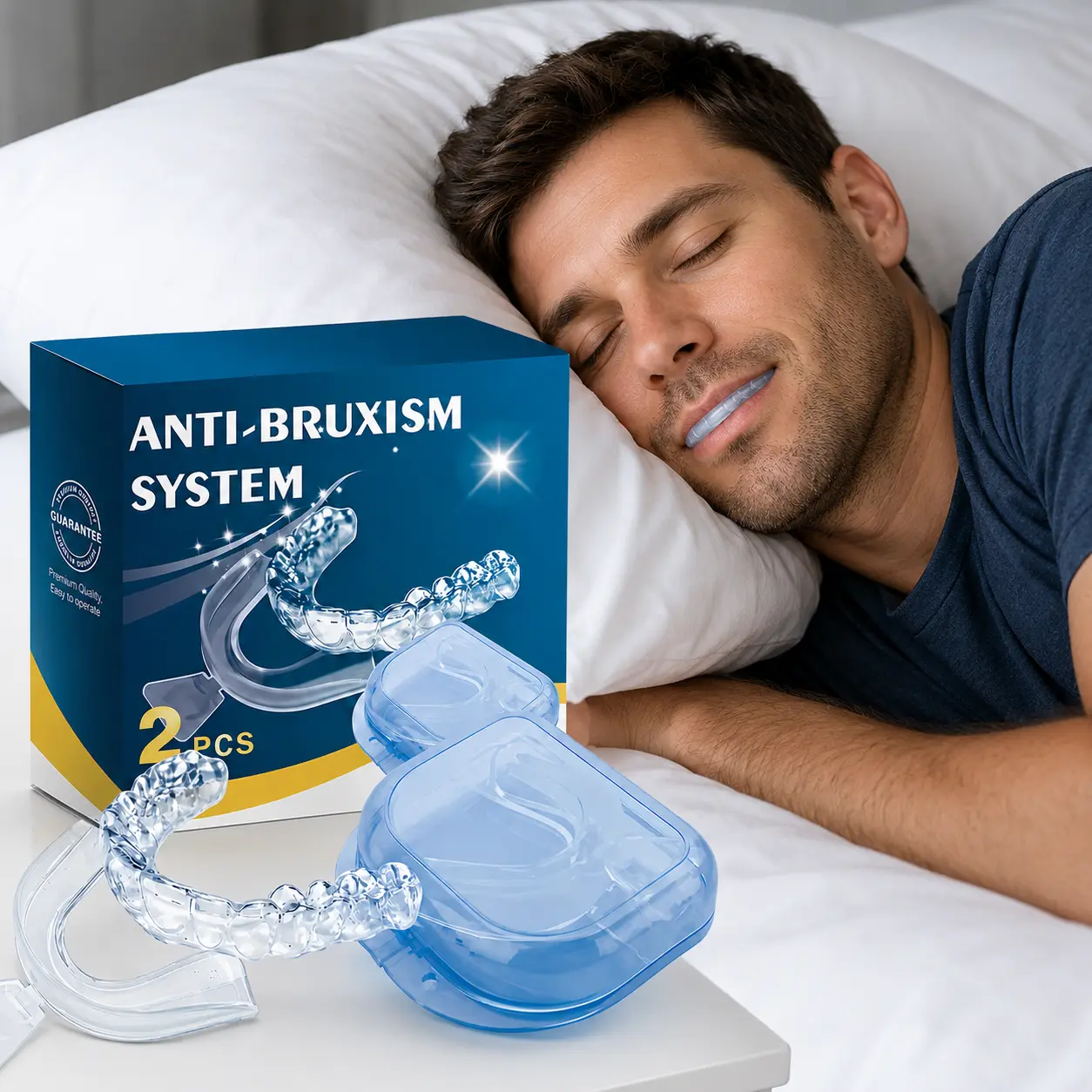 Adjustable Anti-Snoring Mouthpiece & Anti-Bruxism Guard Set - 2-Piece Custom Moldable EVA Thermoplastic Dental Night Device with Storage Case for Soft, Flexible Nighttime Wear