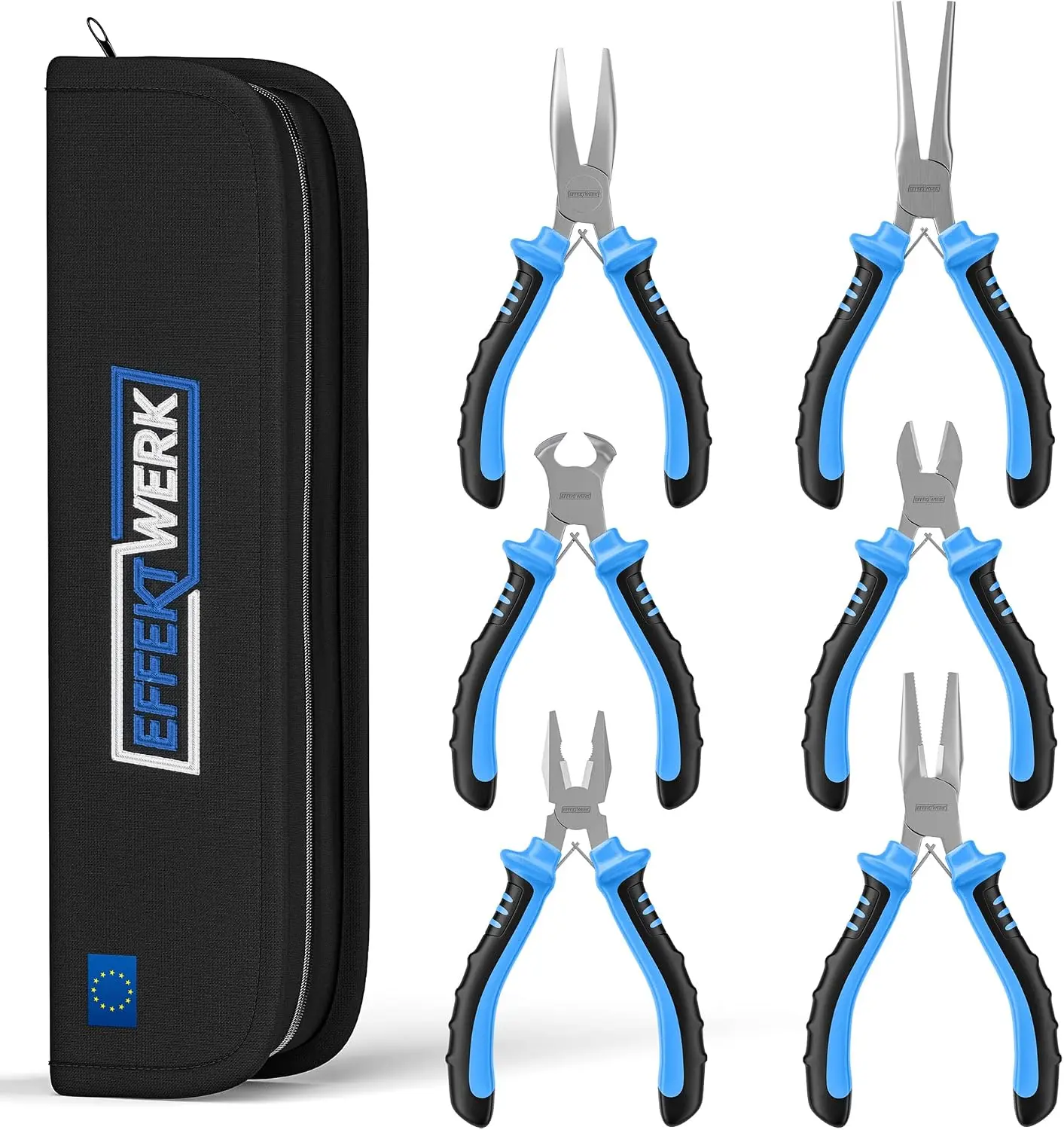 EFFEKTWERK Compact 6-Pc Mini Pliers Set with Grip Handles - Linesman, Wire Cutting, Bent Nose, Diagonal Cutters - Electrician Hand Tool Kit with Small Pouch - For Jewelry Craft, Electronic Repairs, Mini Set