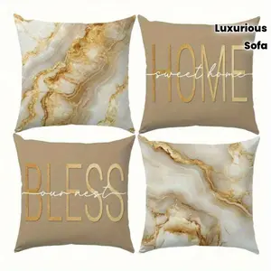 4pcs of Luxurious Golden Brown Marble-patterned Pillowcases, Featuring the Words "Home" and "Blessings" - Made of Soft Short-pile Polyester with Zipper Closure, Suitable for 16x16, 18x18, and 20x20 Inch Sofa Living Room Pillows Home Textile