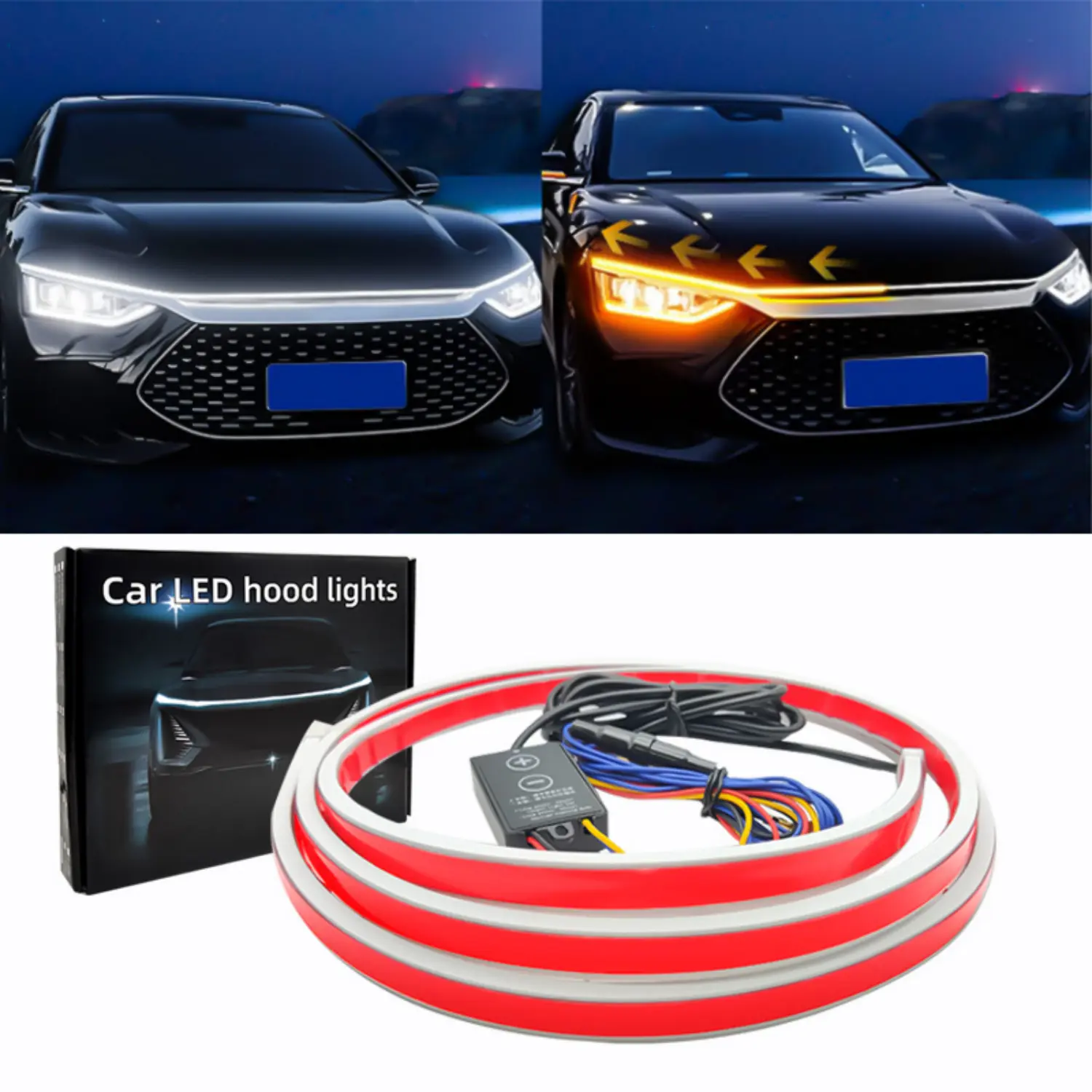 70 Inch Car Hood Light Strip 2 color White and Yellow with host Adjustable mode Waterproof Dynamic LED Hood Light Strip Universal, Auto Decorative Light, Auto Light Up