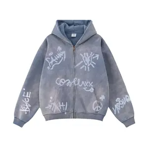 Inflation Unisex 360g Fleece-lined Washed Graffiti Hoodie Oversized Zip-up Jacket Sweatshirt Top, 2026 Autumn Winter New Street wear