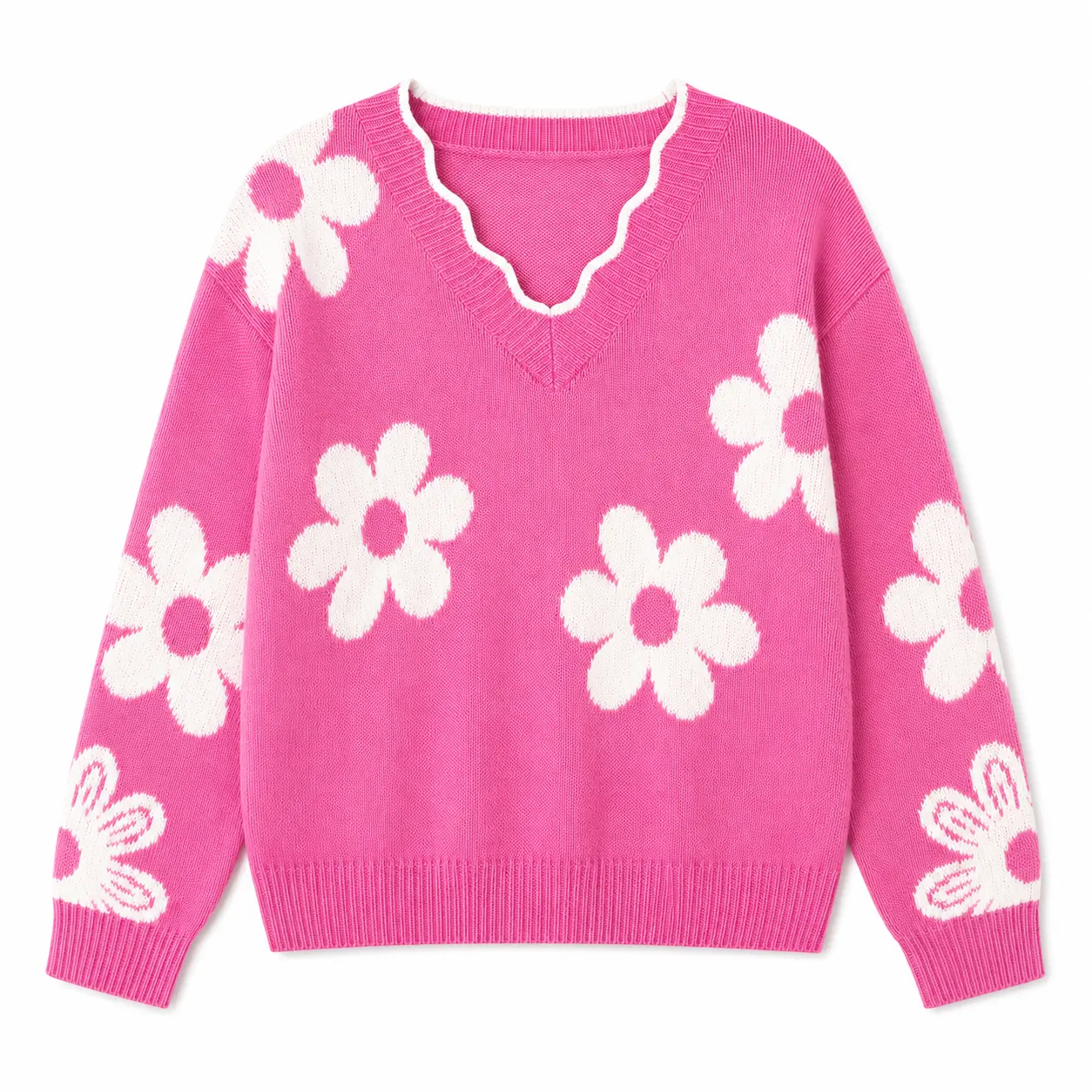 Women's Retro Daisy Knit Sweater, Oversized Long Sleeve Pullover with a Scalloped V-Neck for Casual Everyday Style, Knitwear, Longsleeves, Skirts