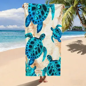 Blue Tribal Turtle Print Beach Towel, Ultra-Fine Fiber Quick-Dry Sand-Resistant Large Bath Sheet, Soft Absorbent Swim Towel for Summer Vacation