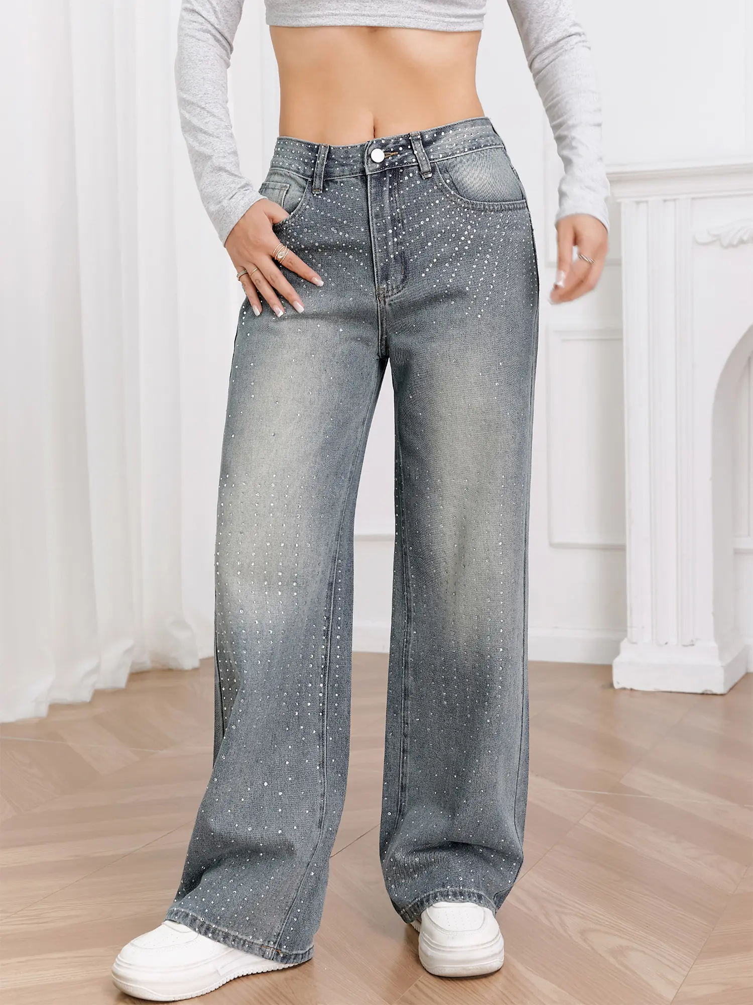 Women's Rhinestone Wide-Leg Jeans, Mid-Waist Stylish Wide-Leg Pants ...