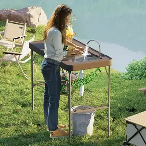 Folding Fish Cleaning Table w/ Sink, Sprayer & Faucet – Portable Outdoor Prep Station w/ Shelf & Drain