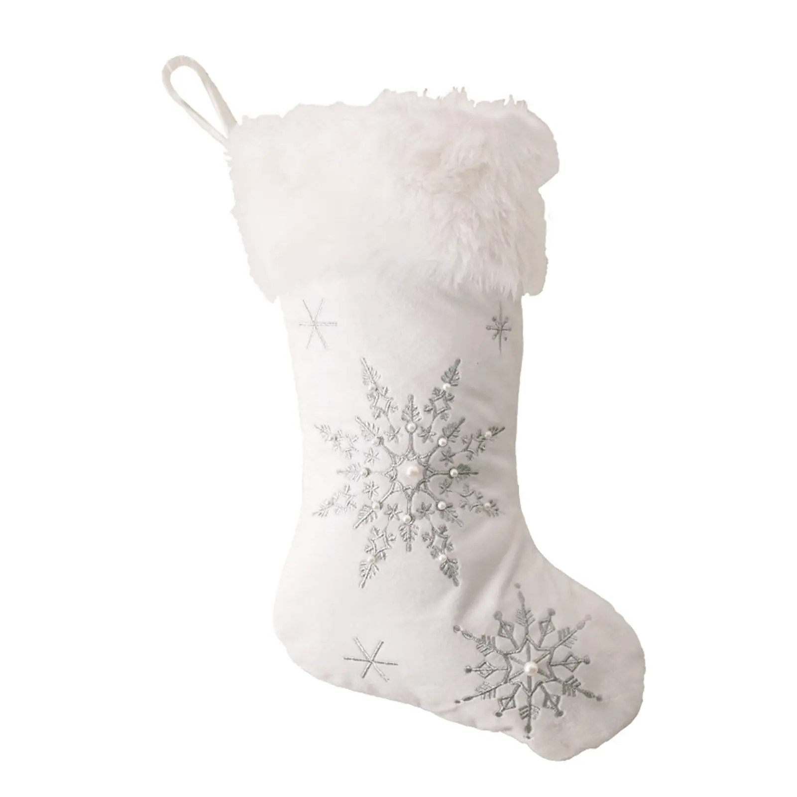 White Snowflake Large Stockings with Faux Fur for Christmas