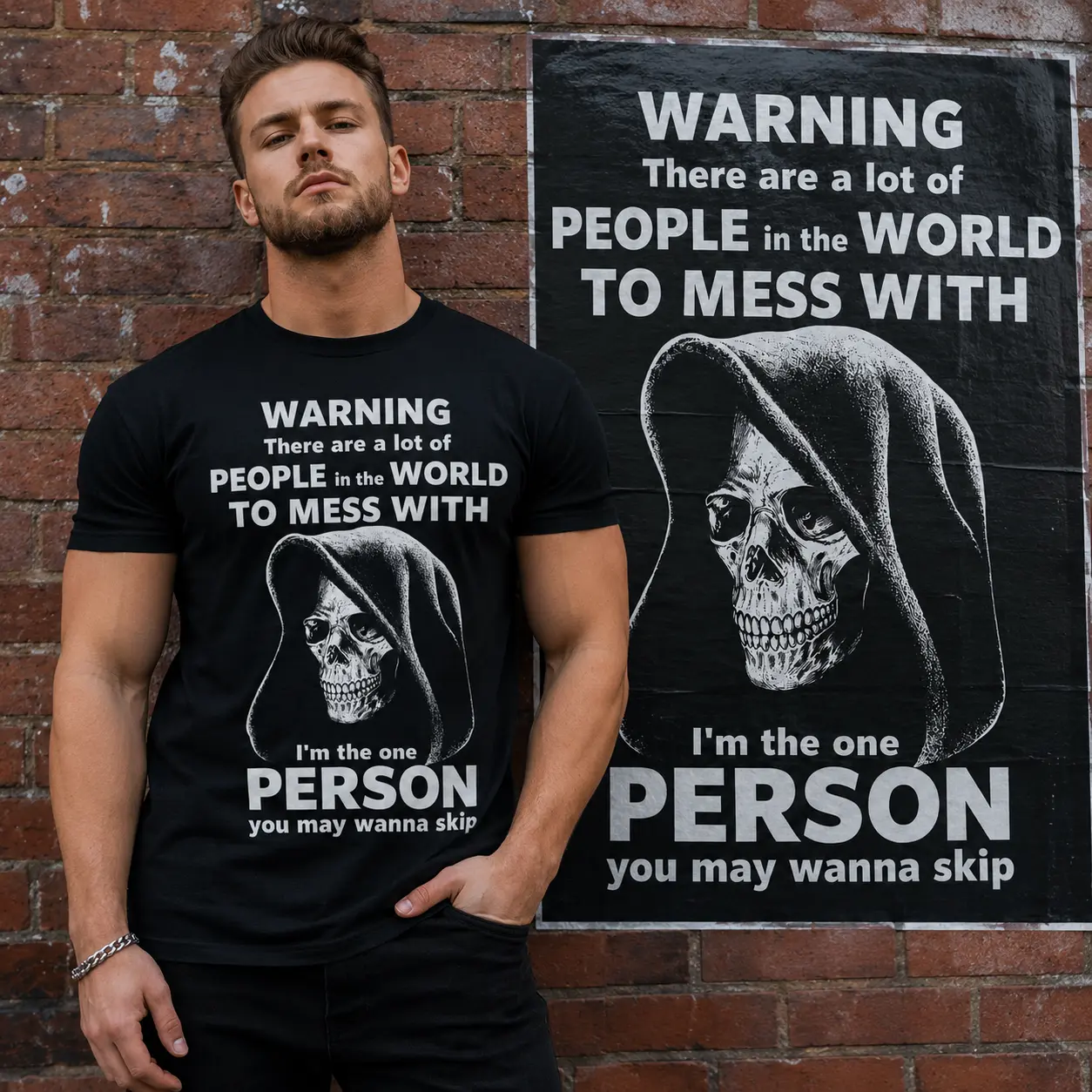 Men’s Funny Grim Reaper T-Shirt, “Warning There Are a Lot of People in the World to Mess With, I’m the One You May Wanna Skip” Skull Graphic Tee, Dark Humor Shirt, Black Short Sleeve Crew Neck Casual Top White Streetwear Quote