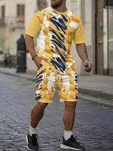 Men's 3D Digital Print Two-Piece Set with Yellow and Blue Geometric Patchwork, 2Pcs, Trendy and Fashionable Set, Trendy Retro Casual Two-Piece Set, Vacation Style Trendy Outfit, Breathable Sporty and Casual Style, a Perfect Holiday Gift for Men