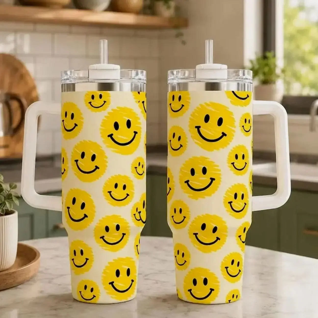 [Gift Box & Straw] Smiley Face 40oz Handle Tumbler, Yellow Happy Face Stainless Steel Vacuum Insulated Coffee Cup, Cute Summer Hot & Cold Travel Mug, Aesthetic Gift