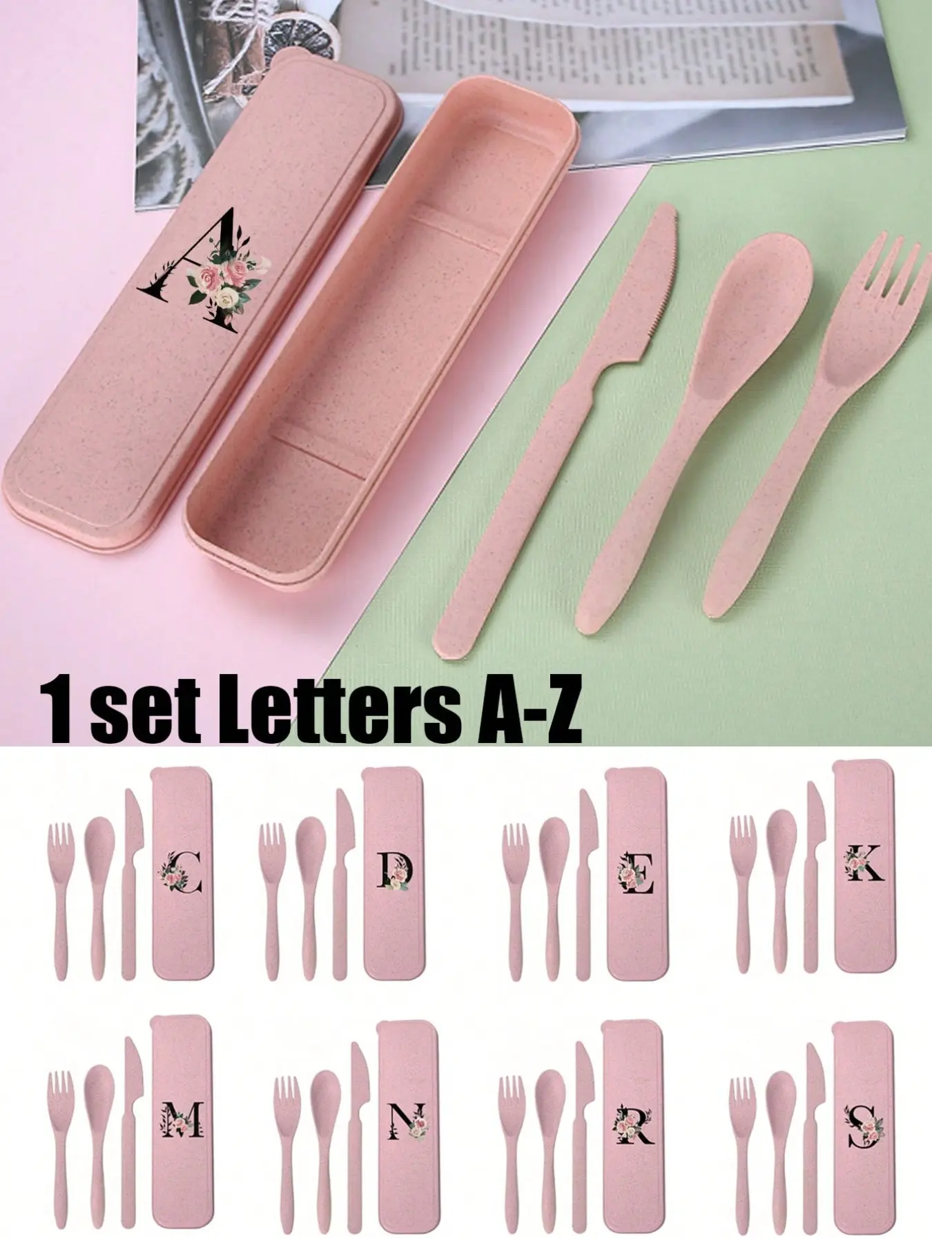 4-piece set / set Travel cutlery set with black floral letters A-Z, with storage case - includes spoon, fork, and knife, all stored in a stylish case, portable Lightweight wheat straw knife, fork, and spoon | Picnic