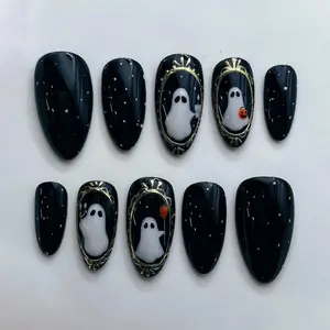 Spooky Halloween Haunted Portrait Cute Ghost Inspired, Handpainted Gold Frame Black Festive Halloween Special Design 3D Painted Summer Vibrant Freestyle Swirls Press on Nails Custom Hand-painted Almond Reusable Fake Nails