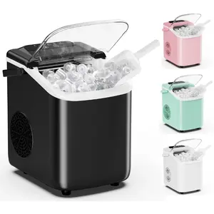 Ice Makers Countertop with Handle, Portable Ice Machine, 9 Bullet Cubes in 6 Mins, 26lbs in 24Hrs, Auto-Cleaning, with Basket and Scoop, for Home, Kitchen, RV, Camping, Black Desktop ice maker, with movable handle, can produce 9 ice balls in