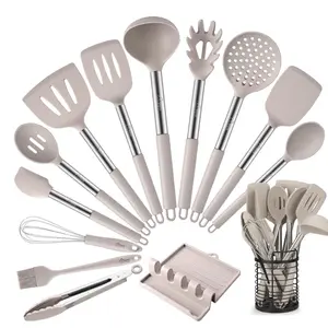 HOTEC 446°F Heat Resistant Silicone Kitchen Utensils, Cooking Utensil Set, Spatula Set, BPA Free, Kitchen Gadgets, With Stainless Steel Utensils Holder, Dishwasher Safe 14pcs Khaki