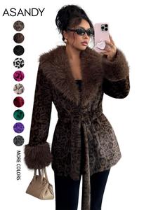 ASANDY Women's winter lace up leopard print faux fur coat, elegant synthetic leather jacket, warm and fashionable outdoor sportswear, suitable for cold weather, suitable for both autumn and winter
