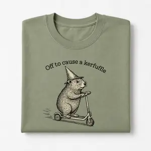Women's Cotton Funny Guinea Pig Graphic T-Shirt - Off to Cause a Kerfuffle, Cute Witch Animal Design, Cottagecore Vintage Style, Comfort Colors I7Q, Gym Clothes