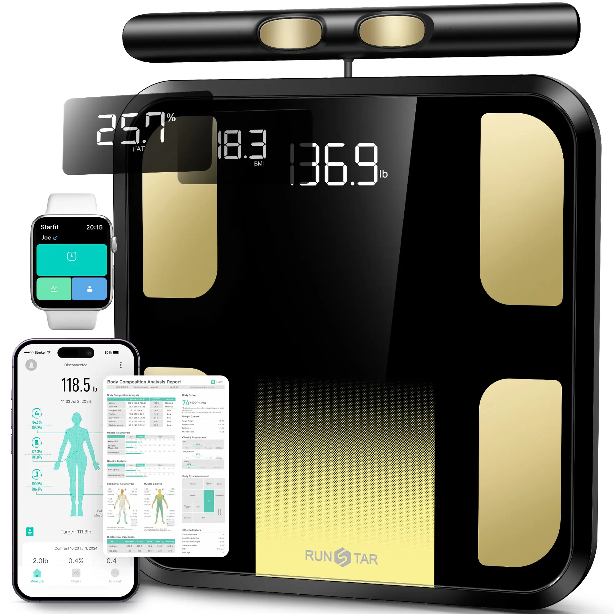 RunStar Full-Body Smart Scale for Body Weight,Bathroom Scale with 8 Electrodes for BMI, Muscle Mass, 3-Metric Display, High-Accuracy Body Composition Monitor with 28 Metrics & App Connectivity
