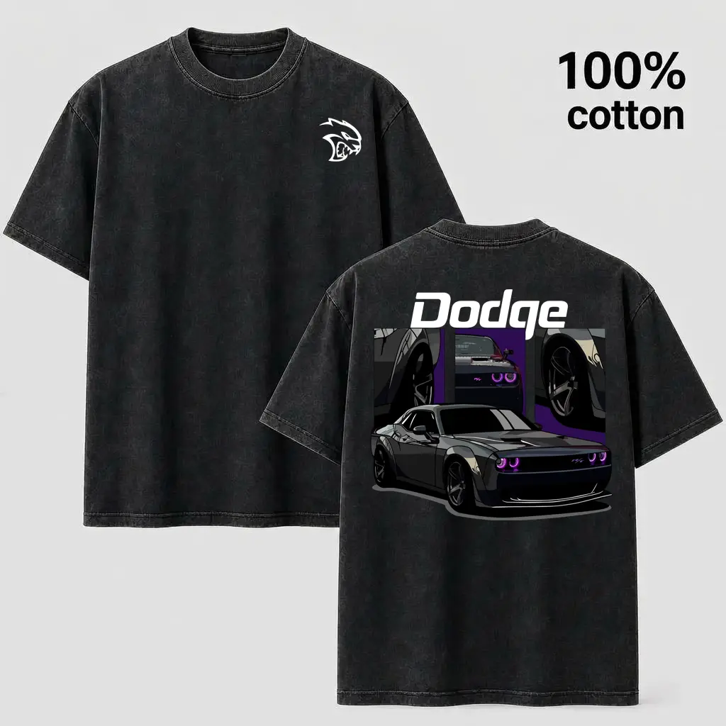 Menswear Casual 100% Cotton Vintage Wash Round Neck Shortsleeve Dodge Challenger Hellcat Graphic Sports Top
