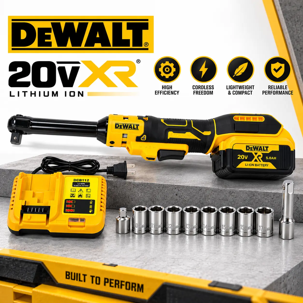DEWALT 20V Cordless Ratchet Wrench Kit, 17.1" Extended Long Reach Electric Ratchet, Heavy Duty Metal Drive, 5.0Ah Battery & Socket Set, Forward Reverse Mechanic Power Tool for Tight Spaces, Auto Repair & Equipment Maintenance