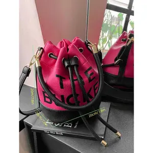 Fashionable Colorblock Letter Print Bucket Bag – Women's Trendy Drawstring Handbag with Adjustable Strap, Perfect for Daily Use