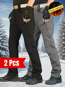 2pcs Set Men's Heavy-Duty -Lined Winter Pants - Thickened Windproof Tactical Work Trousers with 10+ Pockets, Straight-Leg Fit for Hunting, Camping, Hiking & Outdoor Gear - Cold-Resistant Multi-Pocket Pants (Machine Washable) Workwear Plain