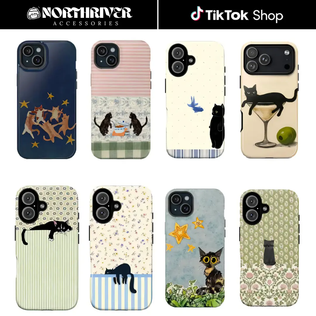 Vintage Cottage Kitten Tough Phone Case, Aesthetic Stary Night Cat Art Protective Cover, Durable Shockproof Shell for iPhone 17 16 15 14 13 12, Gift for Cat Lovers