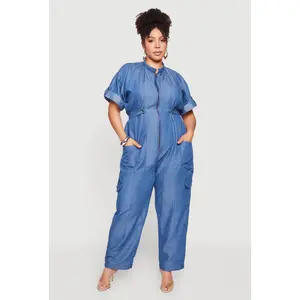 Plus Size Zip Front Mandarin Collar Cargo Pocket Jumpsuit