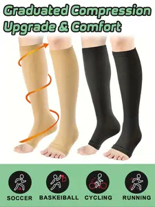 Two Pairs Open-Toe Copper Compression Socks for Men & Women, 15-20mmhg Support, over Knee Long Stockings for Medical & Sports Use