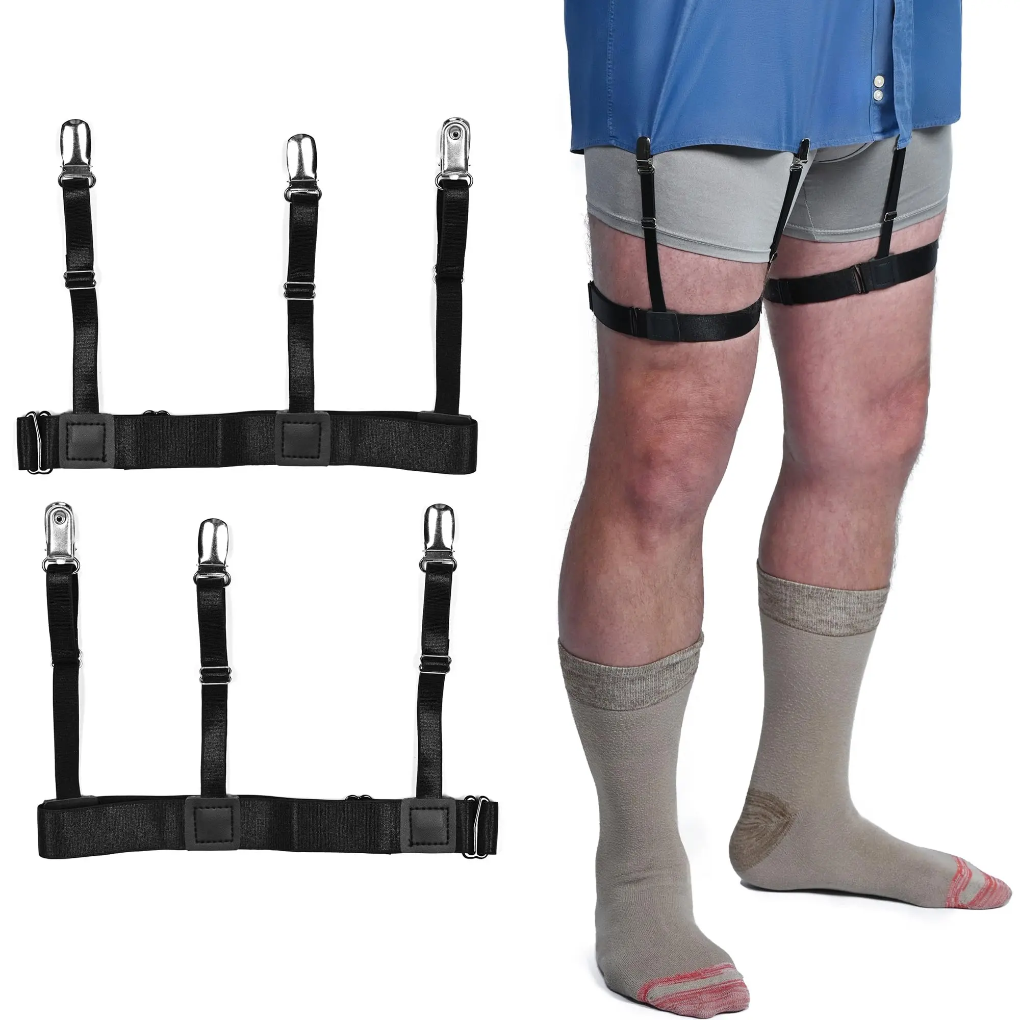 Shirt Stays For Men (garter Style) 1 Pair - Elastic Black Stay And Women Extendable Around-the-thigh Keepers