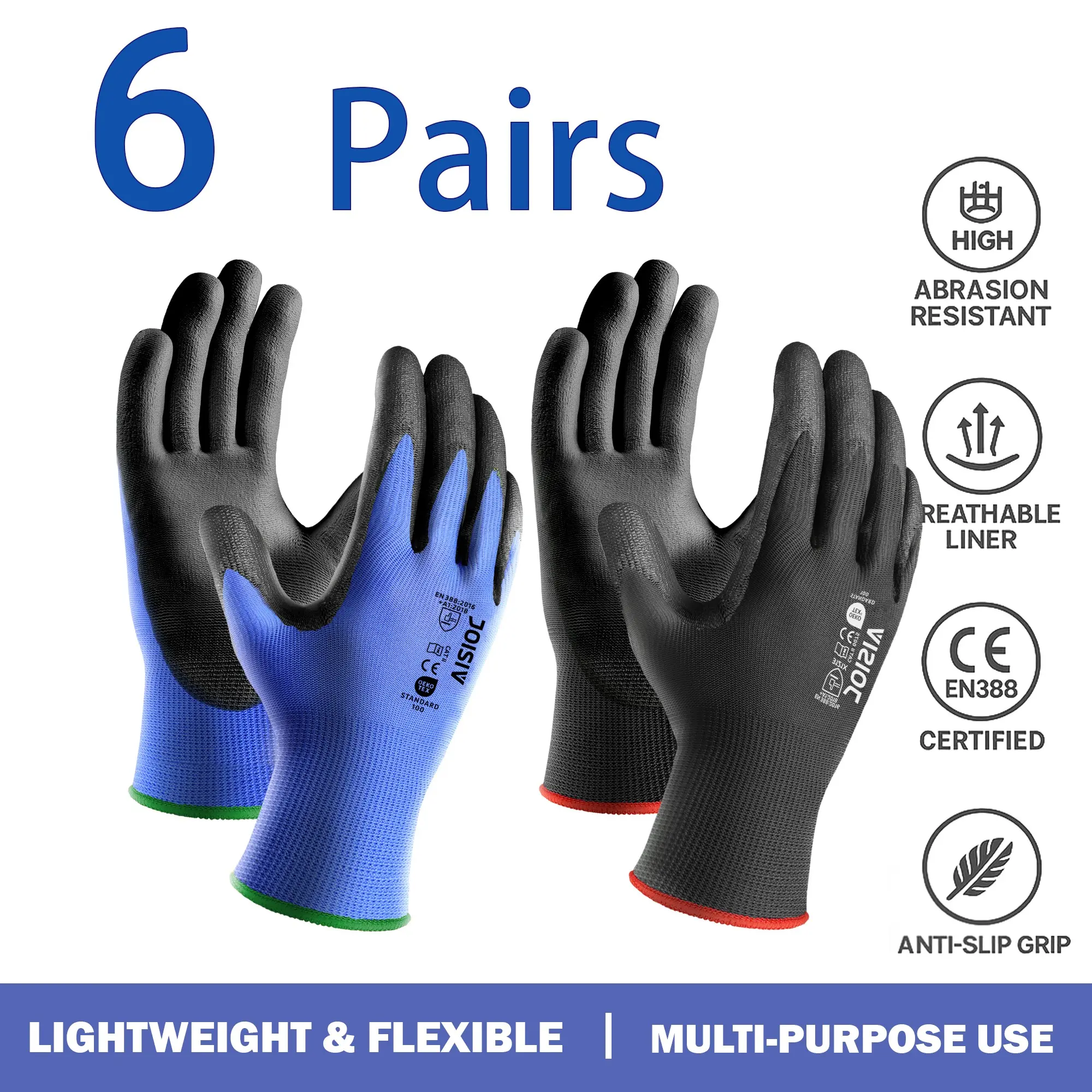 6 Pairs Durable Non-Slip Seamless Outdoor Work Protective Work Gloves with PU Coating, Ideal for Construction Warehouse and Automotive Repair, Working Gloves