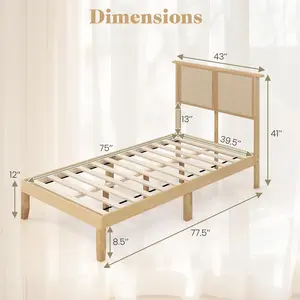 KOMFOTT Twin Size Wood Platform Bed Frame with Rattan Headboard, Boho Rubber Wood Bed Frame with Plywood Slats & Under-Bed Storage, Platform Bed Frame, Mattress Foundation, No Box Spring Needed