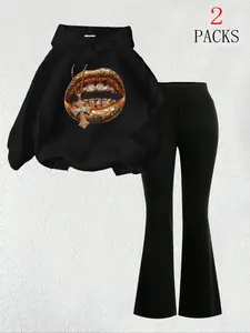 Women's Gold Lips Print Sweatshirt Set, Aesthetic Casual Loose-Fit Warm Top & Comfortable Flared Pants, Summer Fashion Womenswear