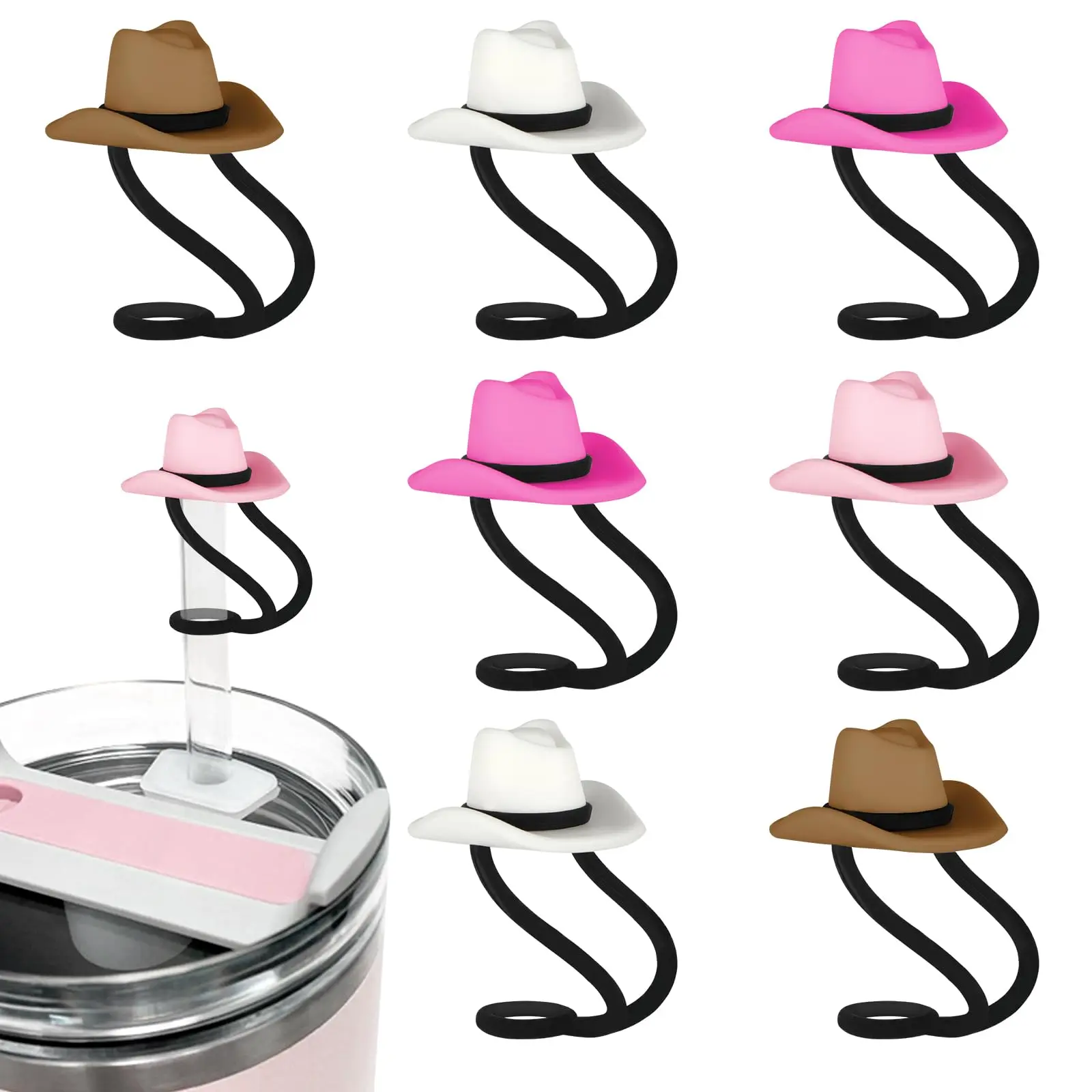 Reusable Cowboy Hat Silicone Straw Topper Caps for Tumbler Cups, 10mm Size - 8 Ct