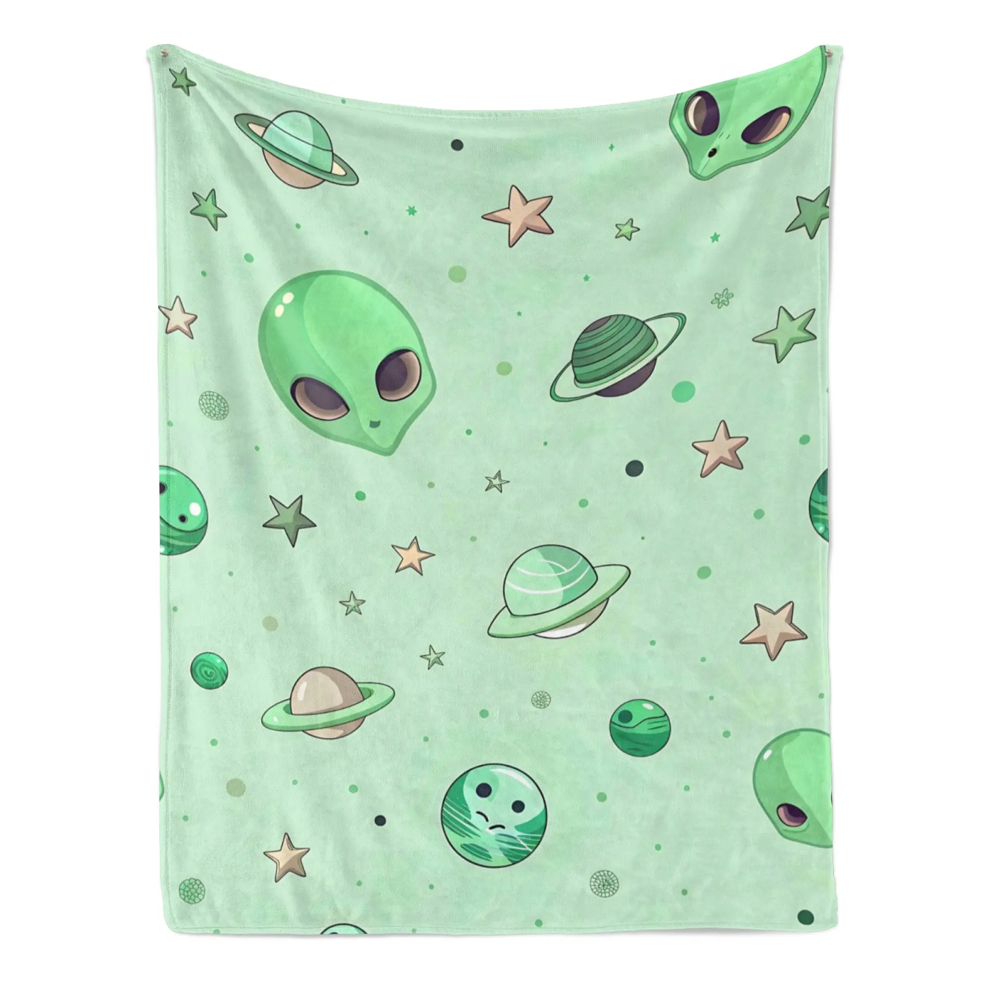 Green Alien Space Planet Flannel Blanket, Cute UFO Star Saturn Seamless Cartoon Print, Ultra Soft Lightweight Cozy Throw, Ideal for Kids Bedroom Playroom Sofa Nap, Perfect Outer Space Themed Gift for Boys Girls
