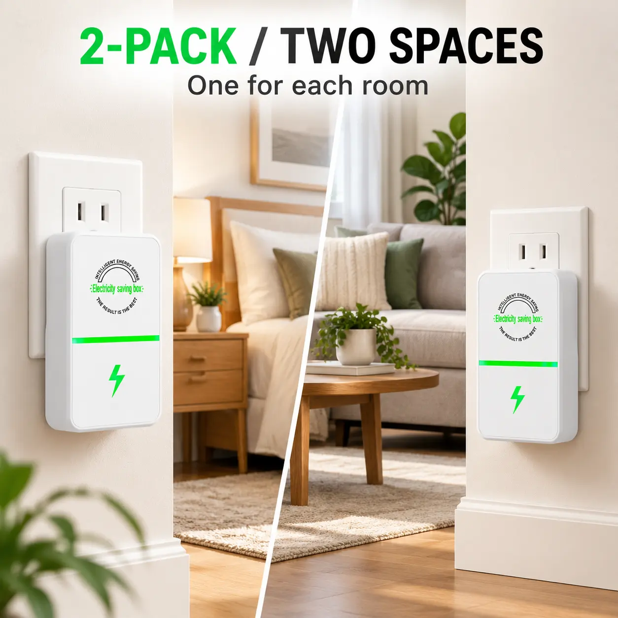 2-Pack Plug-In Energy Saver Box, Compact White Electricity Saver Device with US 2-Prong Plug for Home and Office