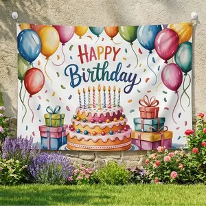 2D flat Banner, 1pc, Cute and cozy pixel art birthday party Background Decoration Background Photo Props, Polyester Banner Decor, Home Decor, Room Decor, Wall Decor, Party Decor/supplies/gifts Decorative Background, 2D Flat