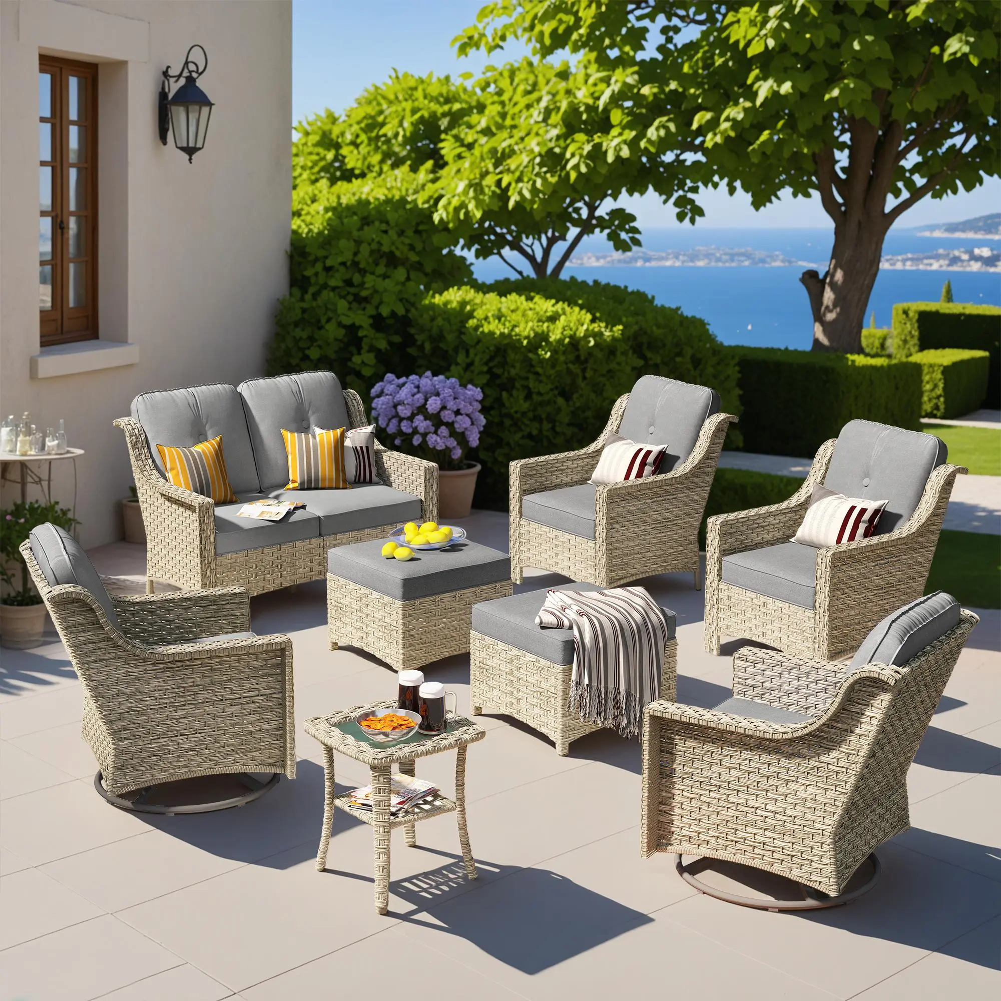 ALTRIGUS 8-Piece Patio Furniture Set with Swivel Rocking Chairs, Waterproof Outdoor Sofa & Chairs Set with Side Table & Ottoman, Blue Cushions for Balcony Porch Deck Poolside Yard